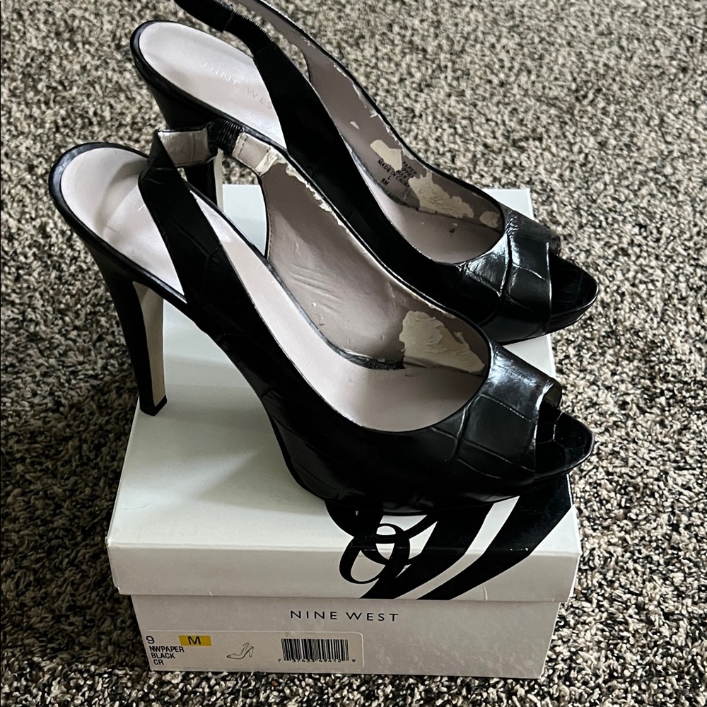 Nine West Black Patent Peep-Toe Slingback Heels